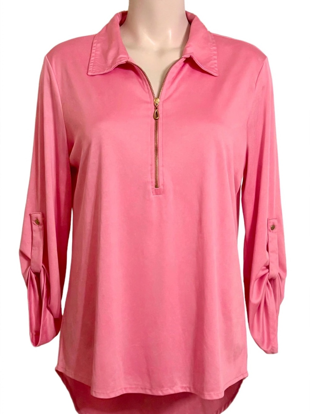 Women's Pink Zip-Front Collared Button-Tab Tunic